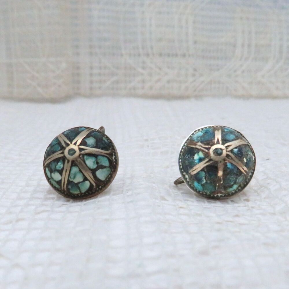 Vintage Inlaid Mosaic Turquoise Chip Brass Dome Screw Back Earrings